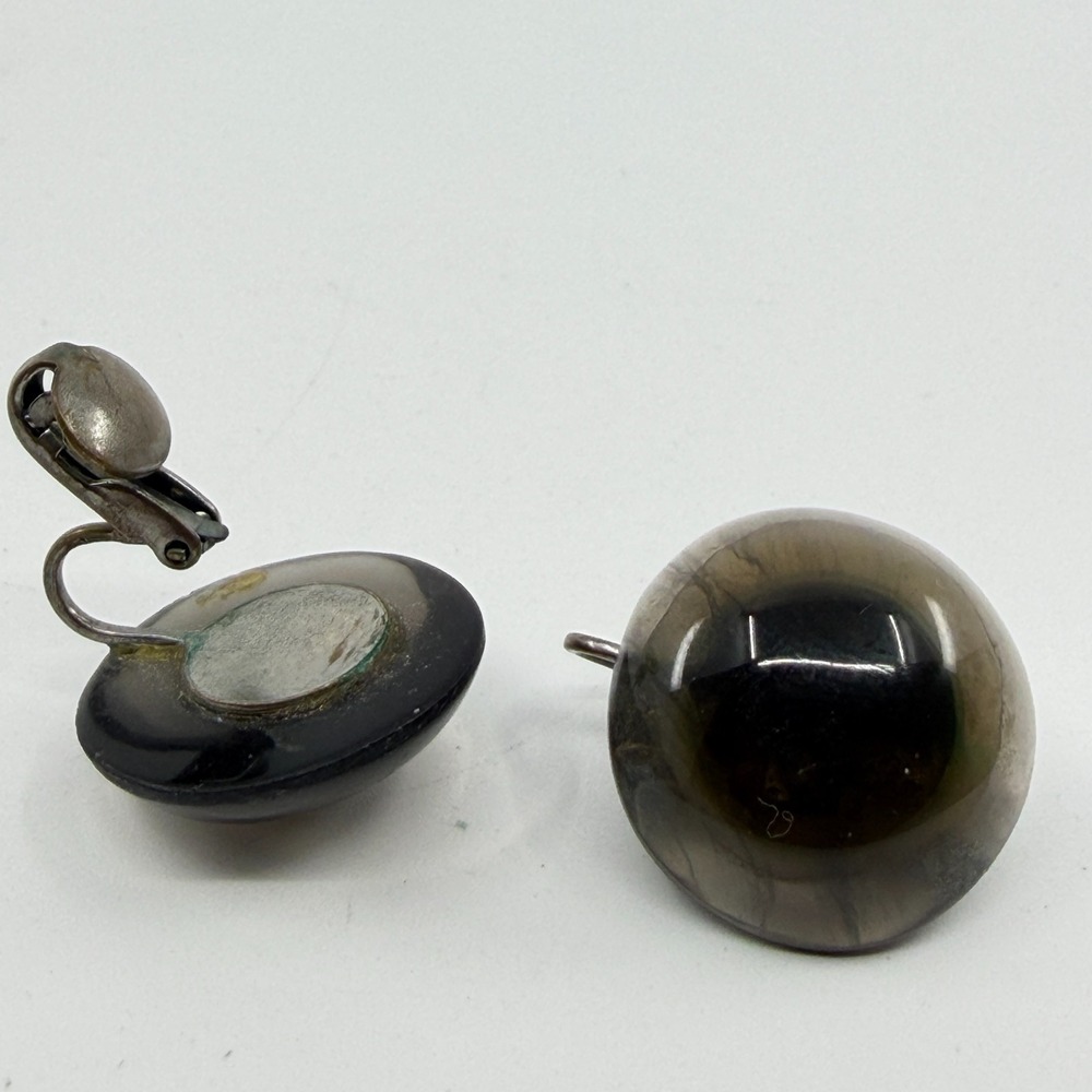 Smoky Gray Lucite Dome Clip On Earrings Silver Tone Mod Statement Cabochons